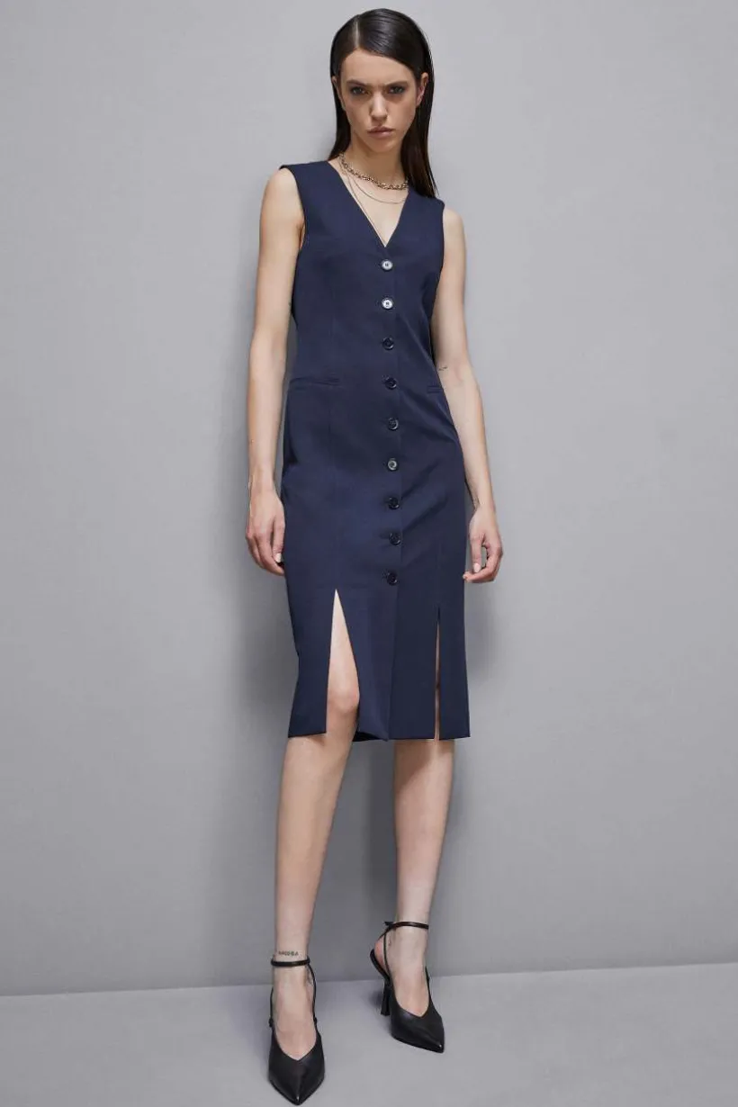 Abito chemisier con spacchi in gabardina