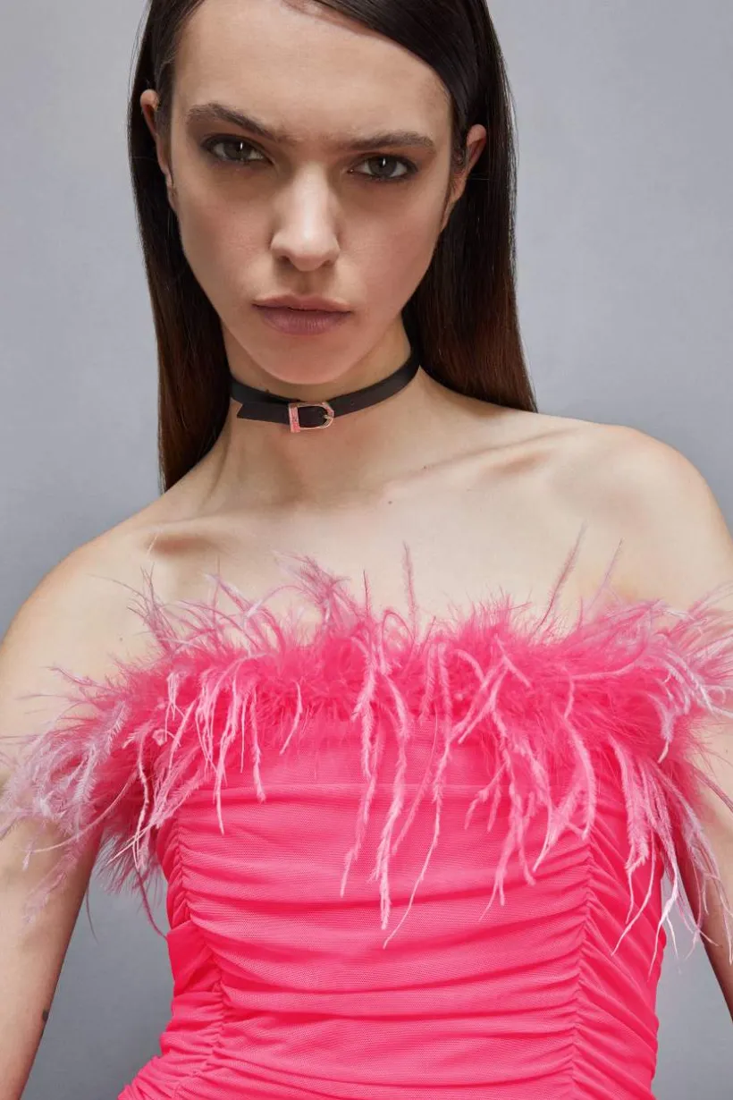 Abito midi con piume in tulle e jersey