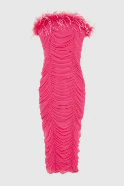 Abito midi con piume in tulle e jersey