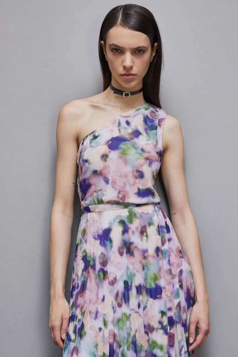 Abito plissè monospalla in chiffon