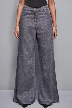 Jeans grigio vita bassa wide leg con strass