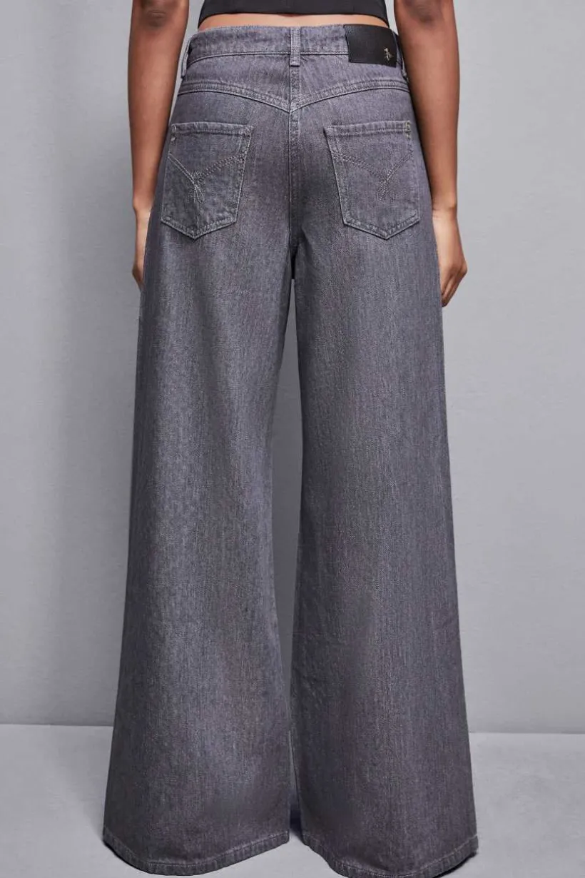 Jeans grigio vita bassa wide leg con strass